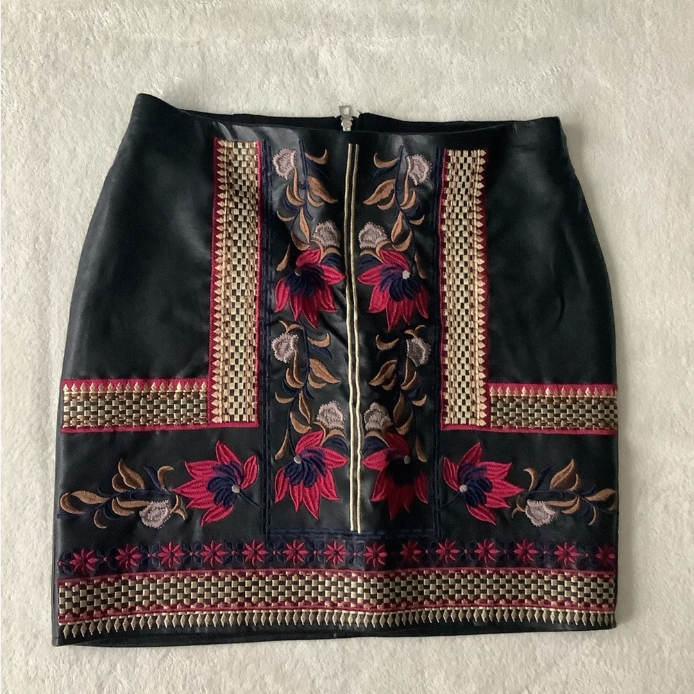Black Embroidered Faux Vegan Leather Mini Skirt, size S